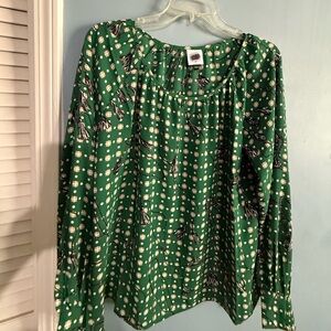 CAbi Emerald Green Blouse with Black & White Motif